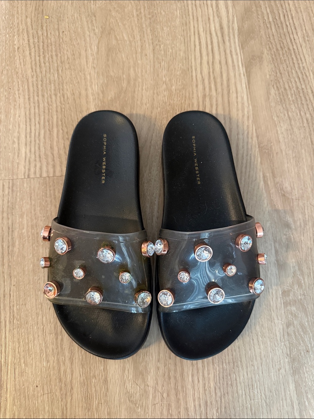 Sophia Webster Black Slides with Clear Crystal-Studded Straps